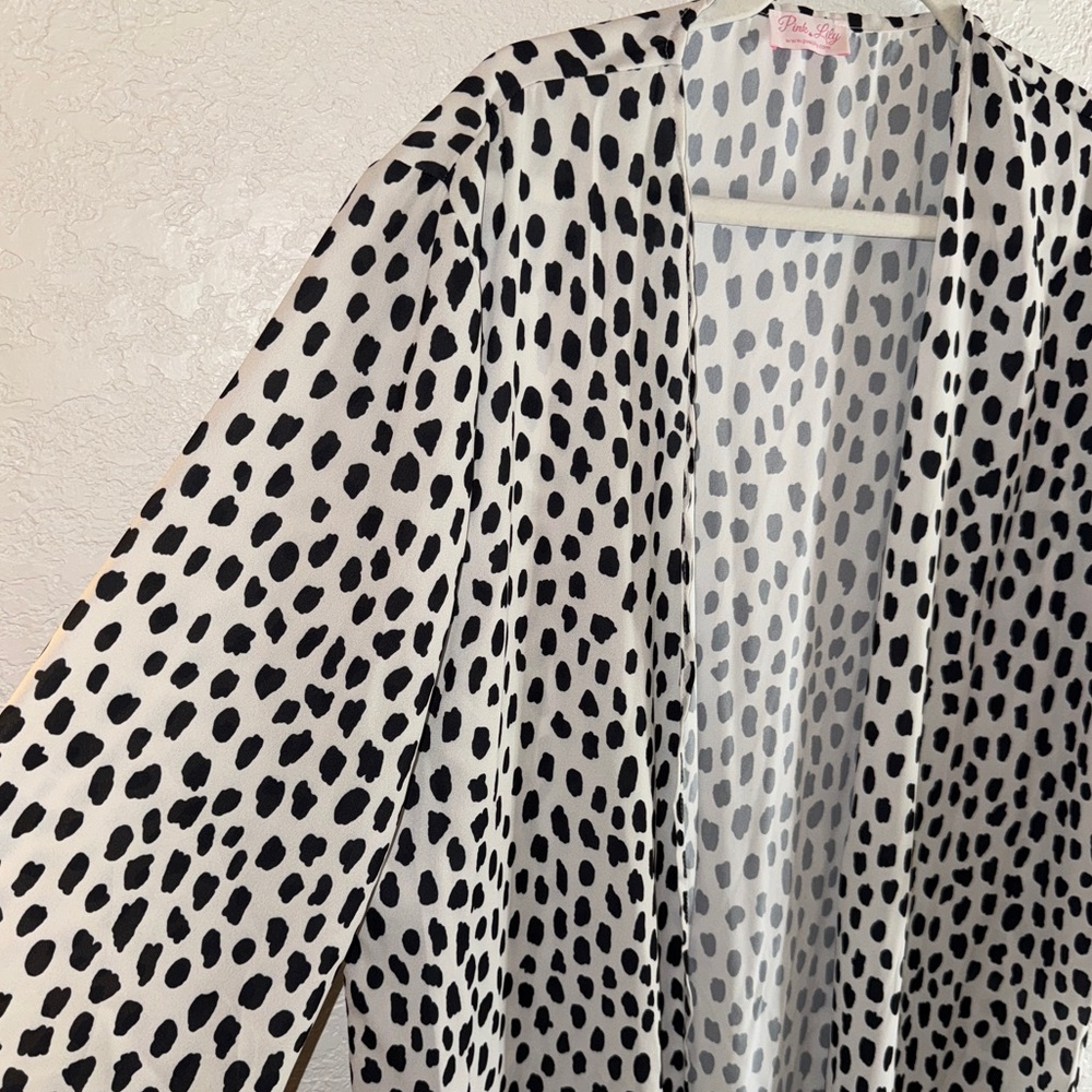 Pink Lily Black White Polka Dot Kimono Size L NWOT